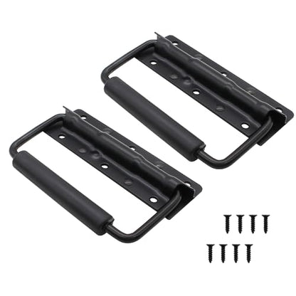 Piutouyar 4.9 Inch Spring Loaded Handle, Heavy Duty Handle Surface Mount, Folding Handle with Rubber Grip for Toolbox, Boxes,Black(2Pcs)