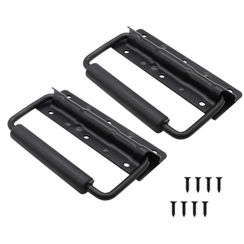 Piutouyar 4.9 Inch Spring Loaded Handle, Heavy Duty Handle Surface Mount, Folding Handle with Rubber Grip for Toolbox, Boxes,Black(2Pcs)