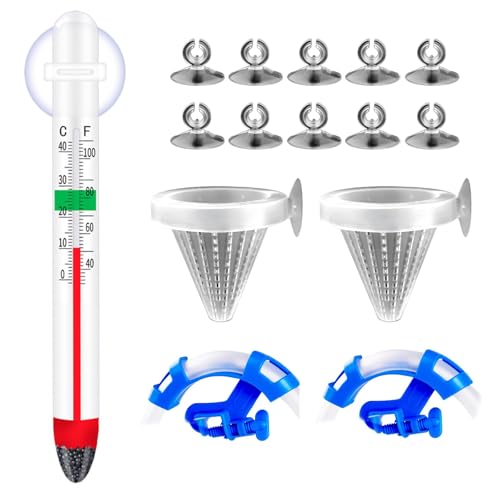 Delyle Aquarium Thermometer Glass Submersible Fish Tank Thermometer, 16-in-1 Aquarium Starter Kit Accessories with Suction Cups Filter Strainers Tube Clamps for Freshwater Saltwater Betta Tank