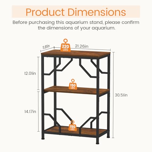 Snughome 10 Gallon Aquarium Stand, Fish Tank Stand with 3 Tier Storage, Heavy Duty Metal Terrarium Stand for Home Office, 21.26" x 11.81" x 30.51", Rustic Brown