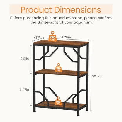 Snughome 10 Gallon Aquarium Stand, Fish Tank Stand with 3 Tier Storage, Heavy Duty Metal Terrarium Stand for Home Office, 21.26" x 11.81" x 30.51", Rustic Brown