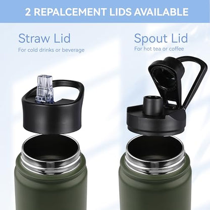 HASLE OUTFITTERS Insulated Water Bottle 22 oz Double Wall Stainless Steel Water Bottle Wide Mouth with Straw Lid & Spout Lid Keeps Cold or Hot(Army Green,1) - color: Army Green, size: 22 Ounces