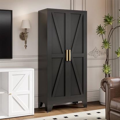 61" Tall Metal Storage Cabinet with 2 Doors and 3 Adjustable Shelves, 4-Tier Kitchen Pantry Storage Cabinet for Kitchen, Living Room, Dining Room and Office, Black