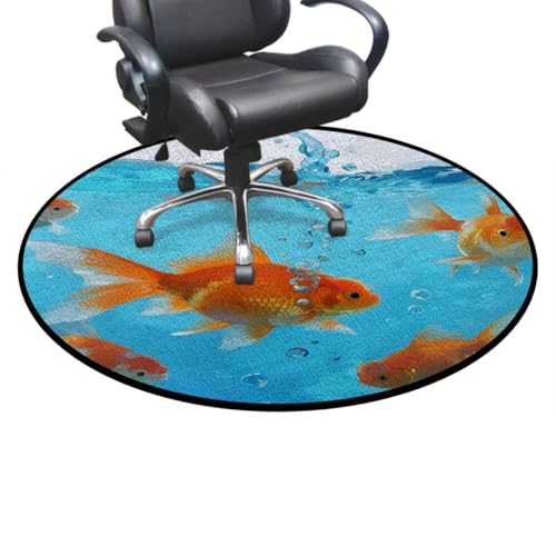 Aquarium Round Office & Gaming Chair Mat, GoldenFish WaterScene Anti-Slip Hardwood & Carpeted Floor Protector,Protect The Floor from Scratches, Orange Gold Blue Diameter 39.4 in