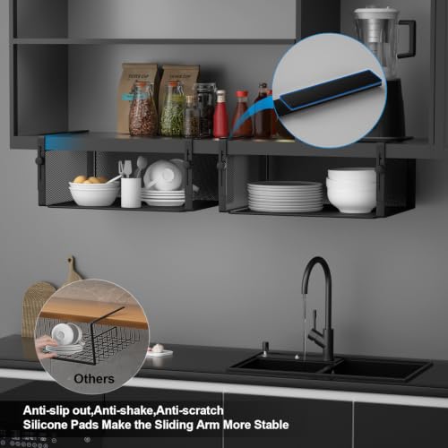 2Pack Under Shelf Basket Organizer,Adjustable Hanging Holder for Cabinet Pantry Kitchen Cupboard Desk Counter Bookshelf Organization Add-on Space Saver Heavy Duty Slide-in (Black, Large)