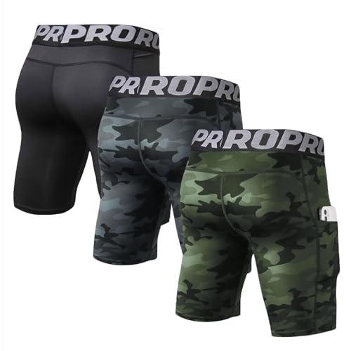 LANBAOSI Mens Compression Shorts with Phone Pocket Running Gym Yoga Athletic Tights Baselayer Summer Cool Dry Underwear Pack - color: Black+camo Black+camo Green, size: Large