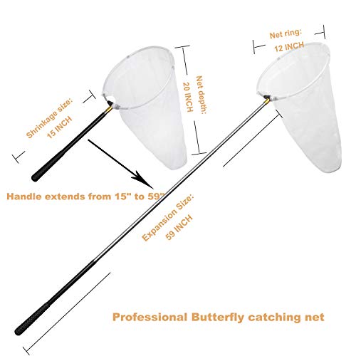 Insect and Butterfly Net with 12" Ring, Net Handle Extends to 59 Inches for Adults & Kids