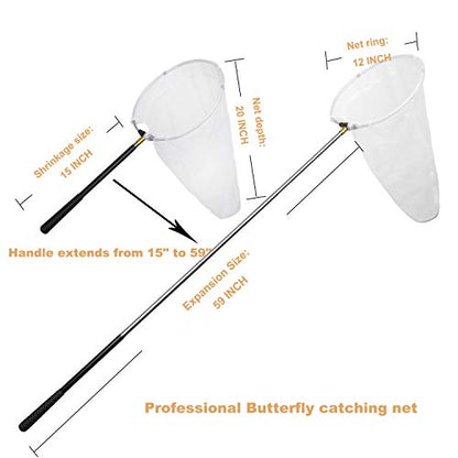 Insect and Butterfly Net with 12" Ring, Net Handle Extends to 59 Inches for Adults & Kids