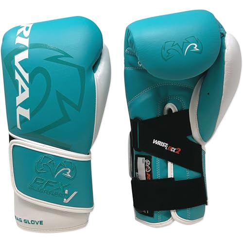 RIVAL Boxing RFX-Guerrero-V Bag Gloves, Multi-Layered Inner Foam Padding (HDEF), Premium Leather, Wrist Lock 2 System - color: Teal/White, size: 10 oz.