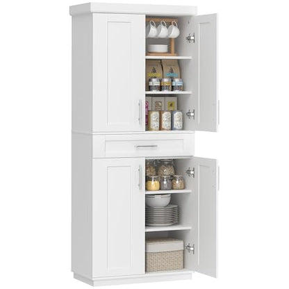 HOMCOM 72" Kitchen Pantry Cabinet, Freestanding Tall Storage Cabinet with 4 Doors, Drawer and 3 Adjustable Shelves for Dining Room, White - color: White