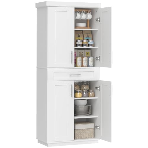 HOMCOM 72" Kitchen Pantry Cabinet, Freestanding Tall Storage Cabinet with 4 Doors, Drawer and 3 Adjustable Shelves for Dining Room, White - color: White
