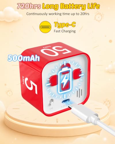 Digital Pomodoro Timer Cube 5/10/25/50min Preset, Silent & Sound Alarm - color: Red