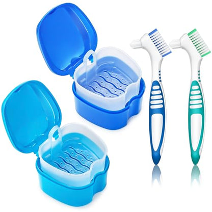 Denture Cups for Soaking Dentures, Partial Denture Holder Case Retainer Mouthguard Cleaning Box Case with 2 Small Brushes - Blue and Dark Blue - color: Blue & Dark Blue
