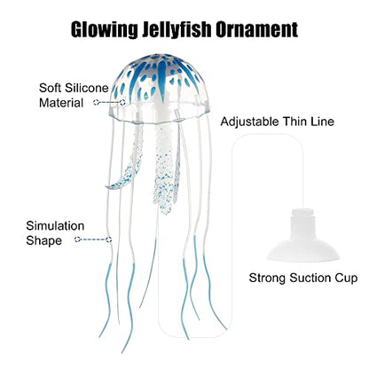 VOCOSTE Fish Tank Jellyfish Decoration, Silicone Fluorescent Jellyfish Glow Ornaments Aquarium Decor with Suction Cup, Blue, 2.3"x5.9"