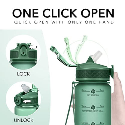 Hyeta Plastic Water Bottle With Straw & Time Marker, 32oz Leakproof Jug - color: Forest