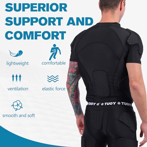New Football Rib Chest Protector Shirt Padded Compression Shirts 6 Pads Adult Sizes Dark Black - color: Dark Black, size: Small