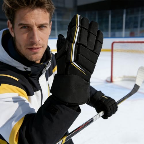 Ice Hockey Gloves for Young Players, 10 in / 25.4 cm, Protective Gear with High-Density Foam Padding, Flexible, Waterproof & Breathable for Ice, Roller, Field Hockey