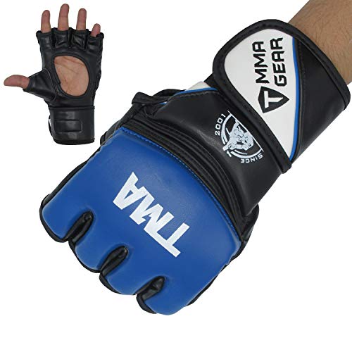 TMA MMA Gloves for Grappling Martial Arts Training, Maya Hide Leather Sparring Mitts, Perfect for Cage Fighting, Punching Bag, Muay Thai & Kickboxing - color: Blue, size: Small-Medium