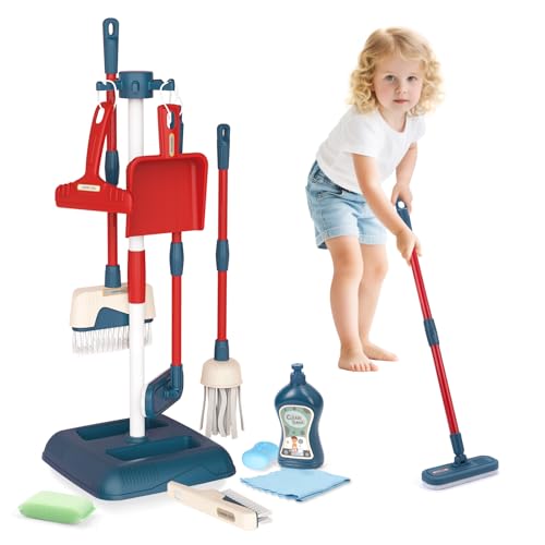 Toddler Toys Cleaning Set, Kids Cleaning Toy Stand Set, Pretend Play Home Cleaning Tools Toys Playset，Broom, Dustpan, Mop, Duster - color: Cleaning Stand Set