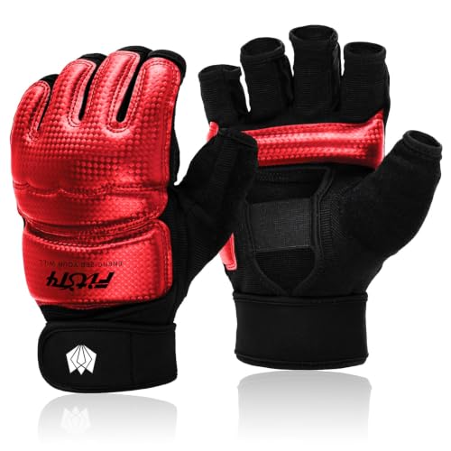 FitsT4 Sports Half Mitts MMA UFC Boxing Training Gloves for Women Men Kids | Heavy Bag,Speed Bag,Punching,Muay Thai,Kickboxing,Sparring,Wrist Wupport,Wear-resistant,PU leather,Padding,Open Palm - color: Red, size: Small