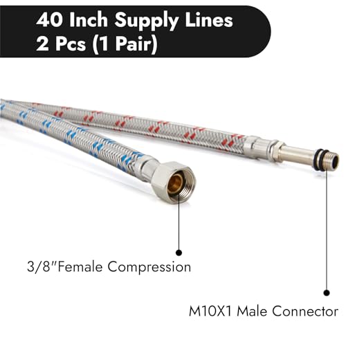 40-Inch Long Faucet Water Supply Lines, Braided Stainless Steel Supply Hose 3/8-Inch Female Compression Thread x M10 Male Connector, x 2 Pcs (1 Pair) - size: 40 Inch