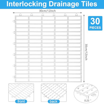 30 Pcs Anti-Slip Drainage Tiles Interlocking Shower Floor Mats 12" x 12" Soft TPE Bathroom Splicing Mats with Drain Holes for Pool, Deck, Garage & Pet Areas(White) - color: White