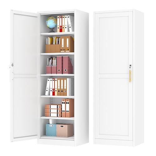 Tall Narrow Slim Metal Storage Cabinet with Lock and 5 Adjustable Shelves,Steel File Cabinets,Kitchen Pantry Cabinet Locker Organizer - 67" Storage Cabinets Bathroom,Bedroom,Office,White - color: White, size: 1Door