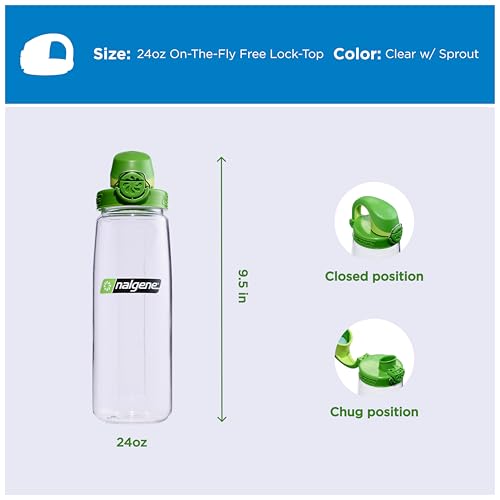 Nalgene 24 oz On The Fly Lock-Top Water Bottle, Clear w/Sprout | Easy Chug Cap with Locking Lid, Cup Holder Size, BPA-Free, Durable & Leak Proof, Lightweight Bottle for Hiking, Gym & Travel - color: Clear with Sprout, size: 22 Ounces