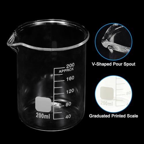 PATIKIL 200ml Glass Beaker, 2 Pack Measuring Glass Beaker Graduated Borosilicate Lab Cups Mug Low Form Heat Safe Transparent with Spout Label for Laboratory Science Kitchen Liquids - size: 200ml