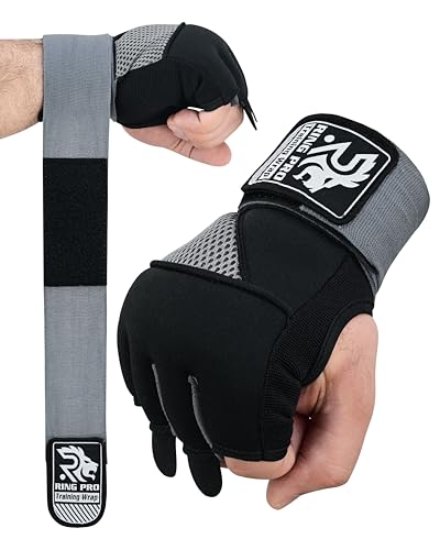 Gel Boxing Hand Wraps Inner Gloves, Quick Slip-On Padded Knuckle Protection with Wrist Support, Elastic Training Wraps for MMA, Muay Thai, Kickboxing & Heavy Bag, Men & Women - color: Black/Grey, size: Large