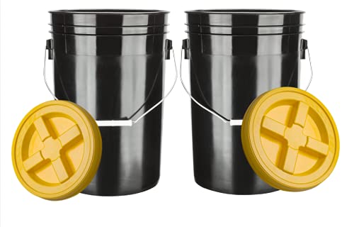Large 6 Gallon Food Grade BPA Free Made in USA Plastic Bucket Pail with Yellow Screw On Double Gasket Air Tight Lid (Pack of 2)