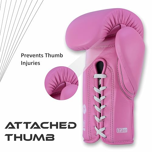 Aura 100 Full Grain Leather Lace Up Boxing Gloves for Men & Women – Professional Training, Sparring, Competition, Muay Thai, Kickboxing & Heavy Bag Gloves - color: Pink, size: 10 OZ