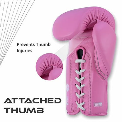 Aura 100 Full Grain Leather Lace Up Boxing Gloves for Men & Women – Professional Training, Sparring, Competition, Muay Thai, Kickboxing & Heavy Bag Gloves - color: Pink, size: 14 OZ