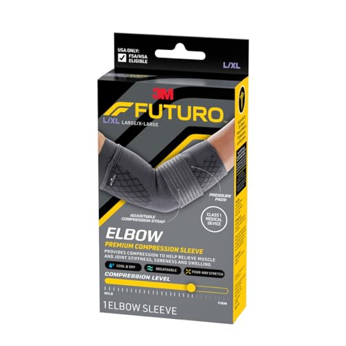 Futuro™ Premium Compression Elbow Sleeve, with Wrap-Around Strap and Two Gel Pressure Pads, for Mild Tendonitis, Golfer’s_Elbow,Tennis Elbow,Swelling, Sprains, and Strains,Large/X-Large (Pack of 12) - size: Large/X-Large (Pack of 12)