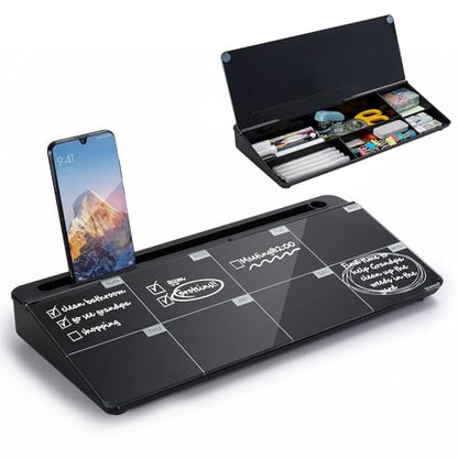 Desktop Whiteboard Dry-Erase-Board - Computer Keyboard Stand White Board Surface Pad with Drawer, Desk Organizers with Accessories for Office, Home, School Supplies - color: Black Base/Glass-weekly Calendar