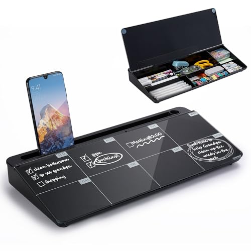 Desktop Whiteboard Dry-Erase-Board - Computer Keyboard Stand White Board Surface Pad with Drawer, Desk Organizers with Accessories for Office, Home, School Supplies - color: Black Base/Glass-weekly Calendar