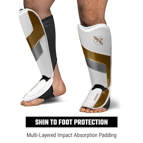 Hayabusa T3 Full-Back Shin Guards - color: White/Gold, size: Small