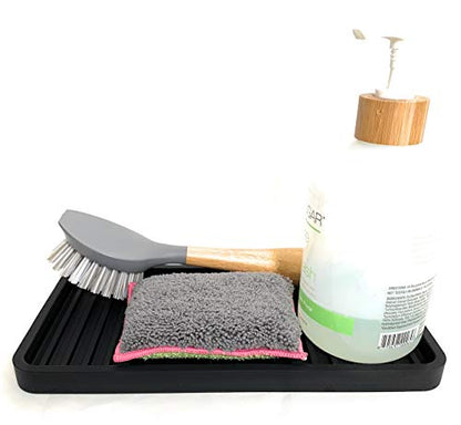 Silicone Sink and Surface Organizer Tray, Sponge Holder, Vanity Tray, Trivet, Heat Safe, Dishwasher Safe, for Bathroom and Kitchen Organization (Black, 10"x5.25")