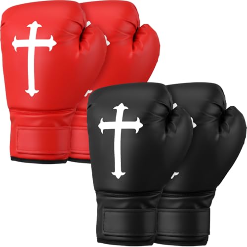 2 Pairs 12 oz Christian Boxing Gloves Party Decorations red Black Prop Boxing Mitts Cross Religious for Birthday Fight Night Lightweight Mitts for Men & Women Training Practice