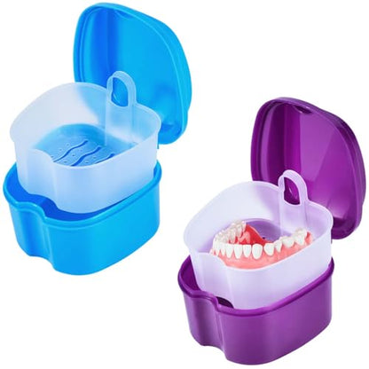 KISEER 2 Pack Colors Denture Bath Case Cup Box Holder Storage Soak Container with Strainer Basket for Travel Cleaning (Light Blue and Purple) - color: Light Blue and Purple