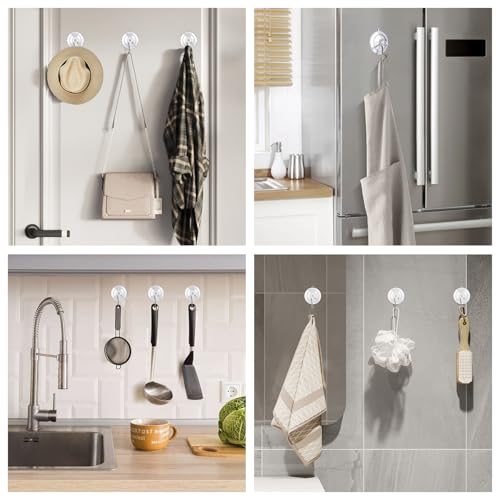 Suction Cup Hooks 16Pack - Max Load 10LB, 1.77Inch Clear Medium Suction Cups, No Trace, Reusable & Removable, Stainless Steel Hooks, for Tile, Glass, Window, Shower, Kitchen, Bathroom - size: 16pc-Medium Size