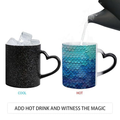 Blue Fish Scale Color Changing Mug Heat Sensitive Coffee Mug Magical Ceramic Coffee Cup Personalized Tea Cup Message Appears As It Heats Novelty Gift for Family Friend