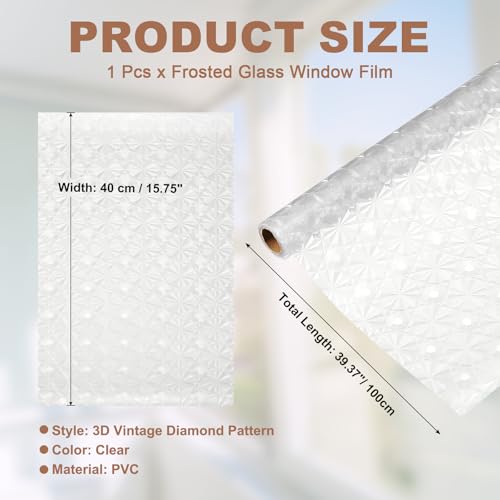 uxcell Window Privacy Film, 39.4 x 15.7 Inch Frosted Glass Window Film, Static Cling Non-Adhesive Reusable Door Coverings 3D Diamond Pattern for Bathroom Home Living Room, Clear - size: 39.4 x 15.7 Inch