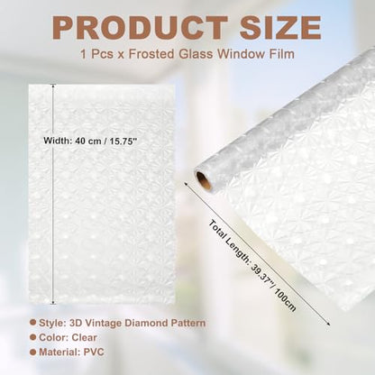 uxcell Window Privacy Film, 39.4 x 15.7 Inch Frosted Glass Window Film, Static Cling Non-Adhesive Reusable Door Coverings 3D Diamond Pattern for Bathroom Home Living Room, Clear - size: 39.4 x 15.7 Inch