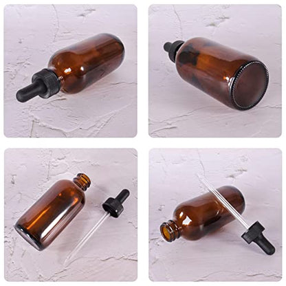 24 Pack 4oz Amber Glass Bottles with Glass Eye Droppers for Essential Oils, Perfumes & Lab Chemicals (Brushes, Funnels, Extra Droppers, Labels & Measuring Cup Included) - color: Amber