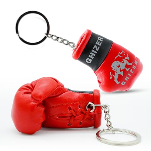 Mini Boxing Glove & Punching Bag Keychain Set – PU Leather Keyring Sports Lovers Gift & Gifts For Men (3 pcs) - color: Red and Black