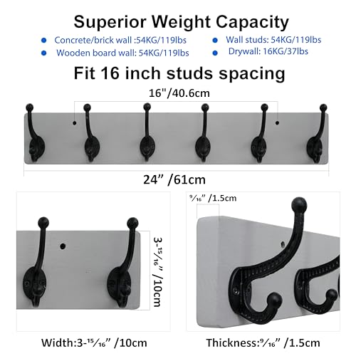 WEBI Rustic Coat Rack Wall Mount,24" Long 6 Cast Iron Coat Hooks Wall Mounted,Heavy Duty Wood Wall Coat Hanger Hooks for Hanging Coats,Jacket,Clothes,Backpack,Farmhouse,Gray,2 Packs - color: Gray, size: 24 Inch(2 Packs)