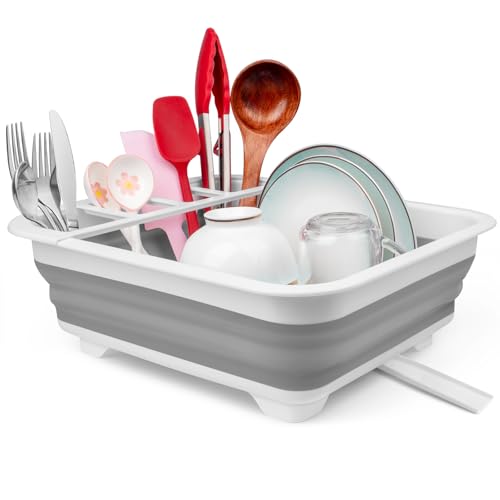 Collapsible Dish Drying Rack with Drain Plug Tube, Portable Dish Drainers for Kitchen Counter, Folding Dish Rack Over Sink Drying Dinnerware,Kitchen Sink Organizer Travel Trailer RV Camping Essentials