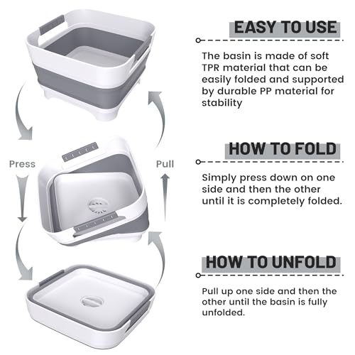 Collapsible Dish Basin with Drain Plug, 9L(2.4Gal) Capacity, Space Saving Portable Sink for Baby bottle, Kitchen, Camping& RV, Gray