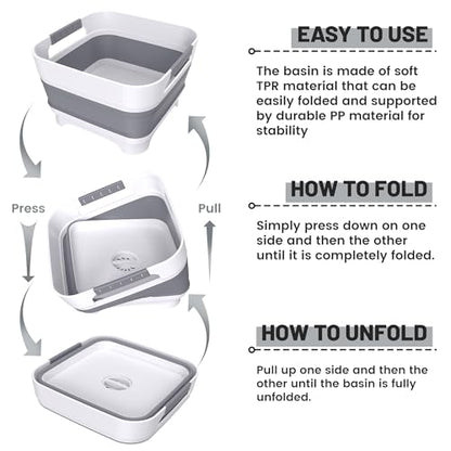 Collapsible Dish Basin with Drain Plug, 9L(2.4Gal) Capacity, Space Saving Portable Sink for Baby bottle, Kitchen, Camping& RV, Gray